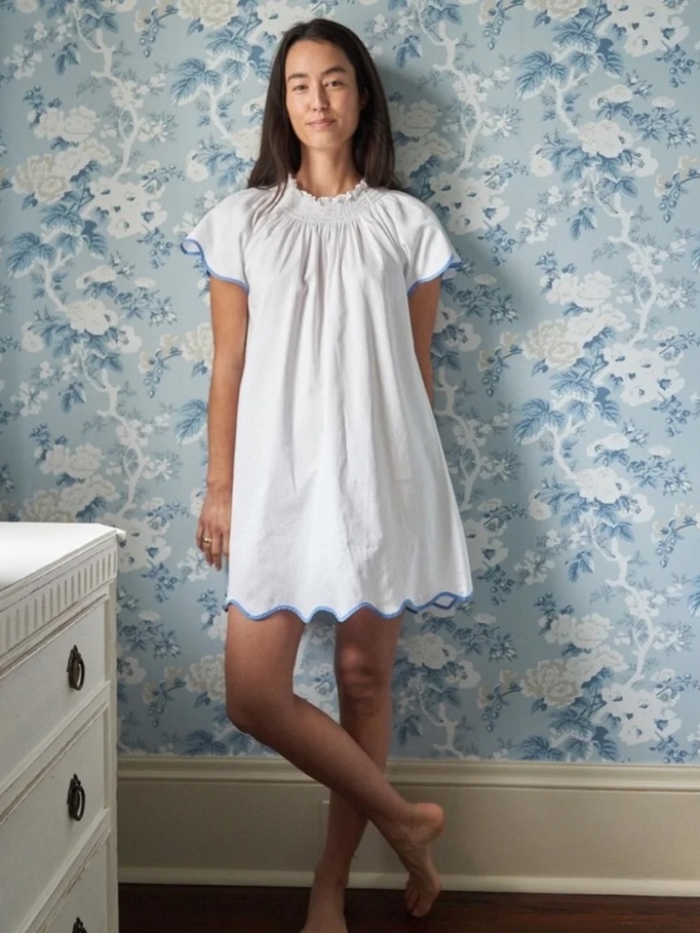 LAKE Patio Scalloped Mini Dress in Ultramarine Size Small Coastal Cotton